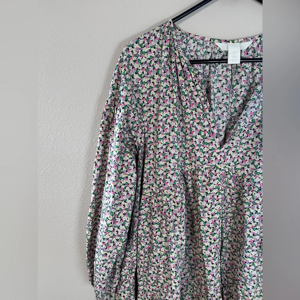 H&M Conscious Floral A-LINE COTTON Dress Floral Puff Sleeve size small - Picture 6 of 9